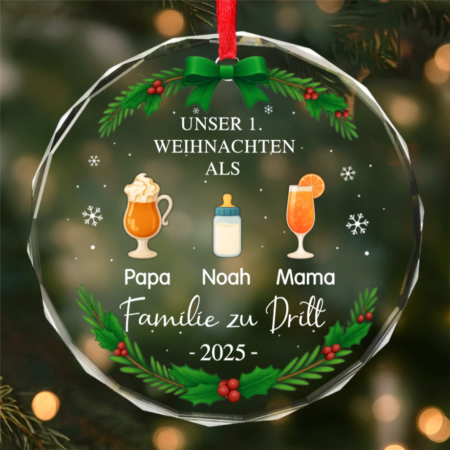 Glas-Ornament mit Getränke und Namen "Erstes Weihnachten als Familie zu..." Personalisierter Christbaumschmuck