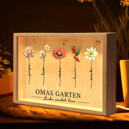 Omas Garten-Personalisierte Holzrahmen-Lichtbox mit Geburtsblumen und Text für Oma und Mama