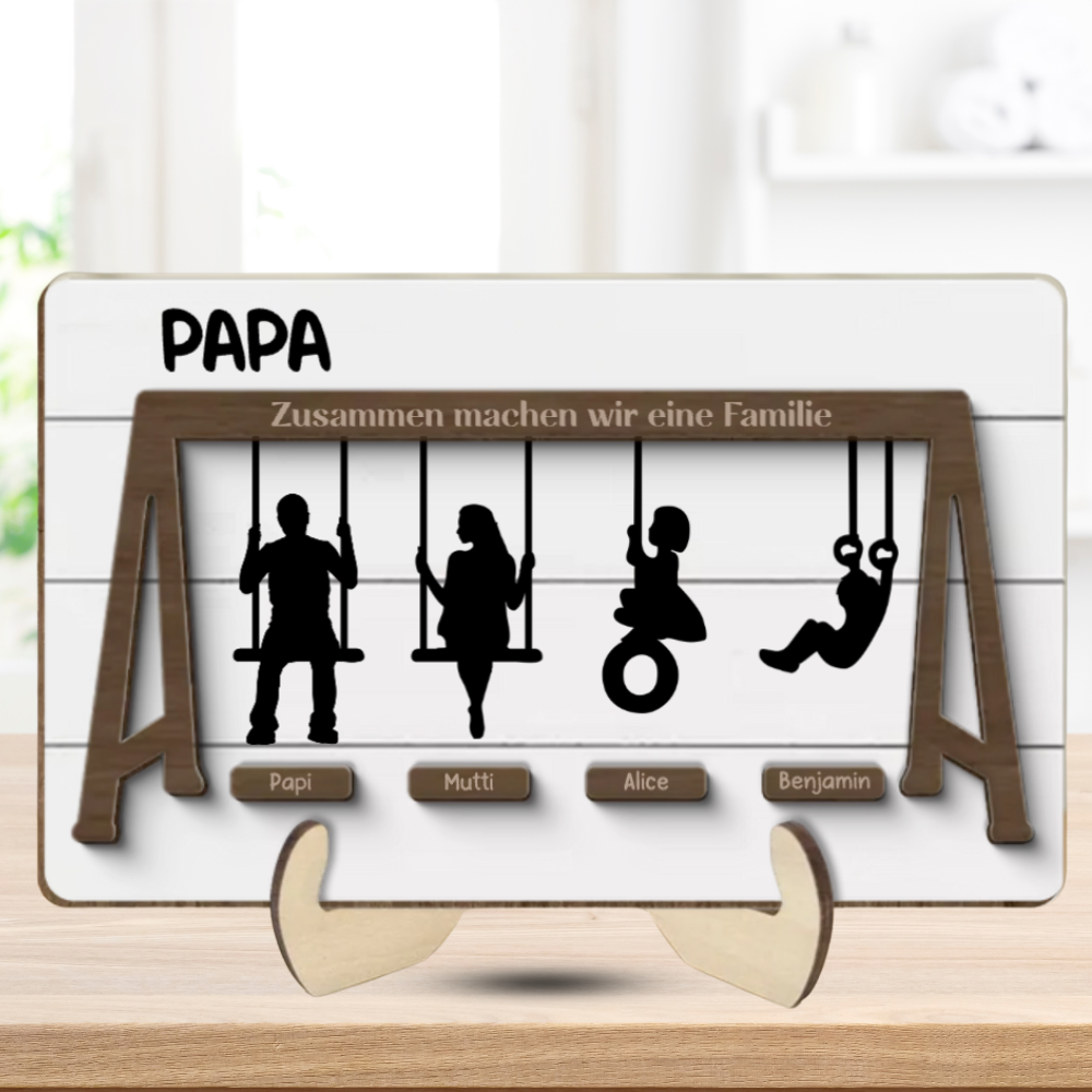 Die Familie auf der Schaukel-Personalisierte Holzplakette für Vater und Mutter