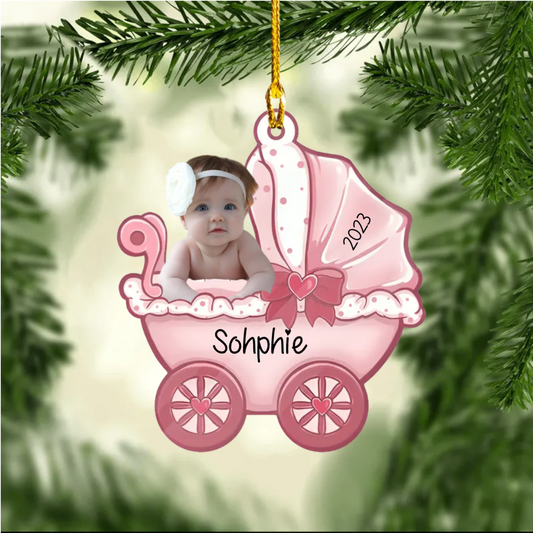 Baby Foto Babywagen Weihnachtsschmuck mit Name Acylschmuck