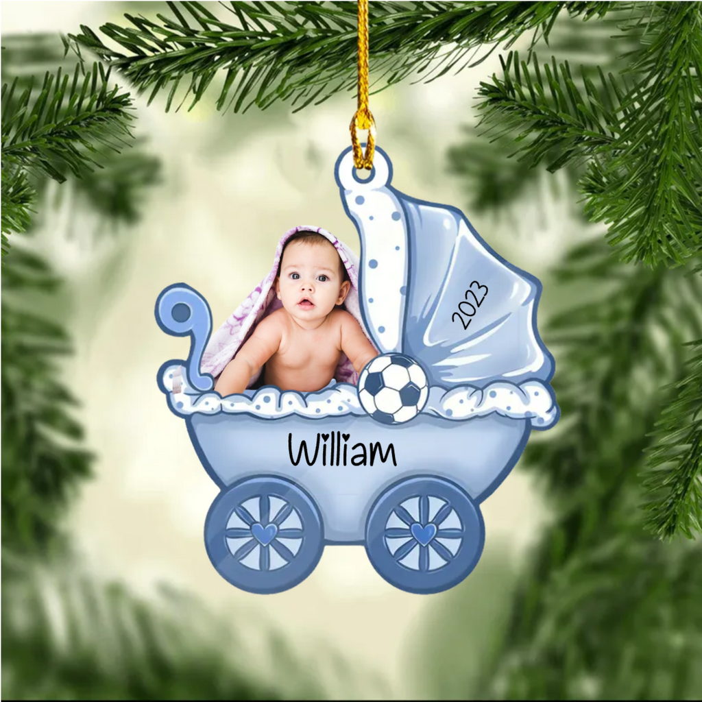 Baby Foto Babywagen Weihnachtsschmuck mit Name Acylschmuck