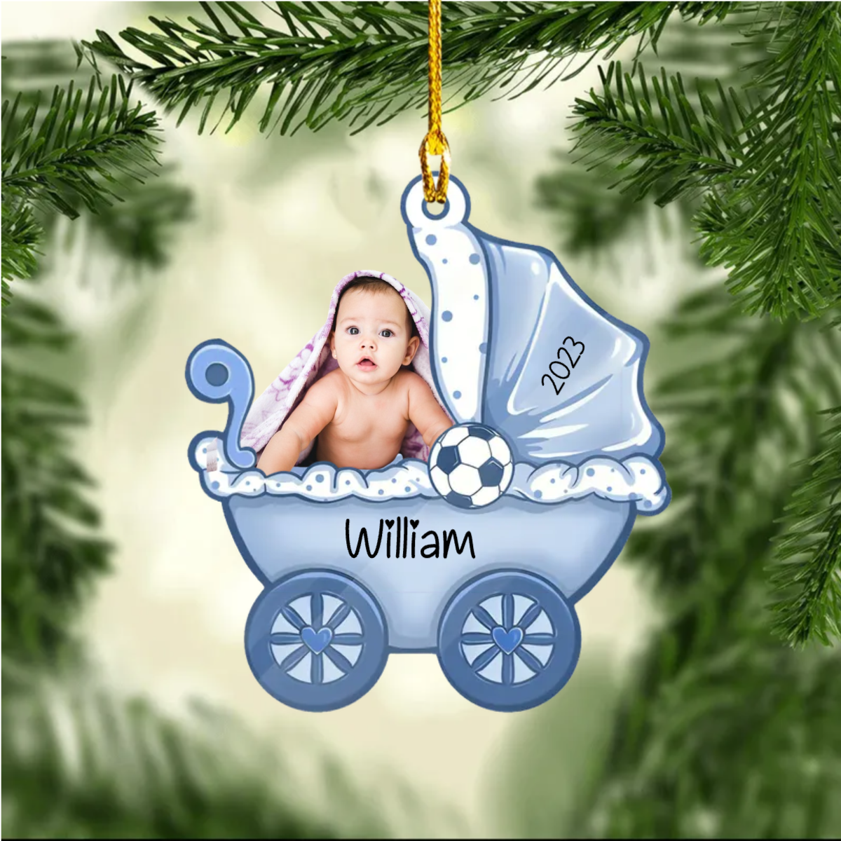 Baby Foto Babywagen Weihnachtsschmuck mit Name Acylschmuck