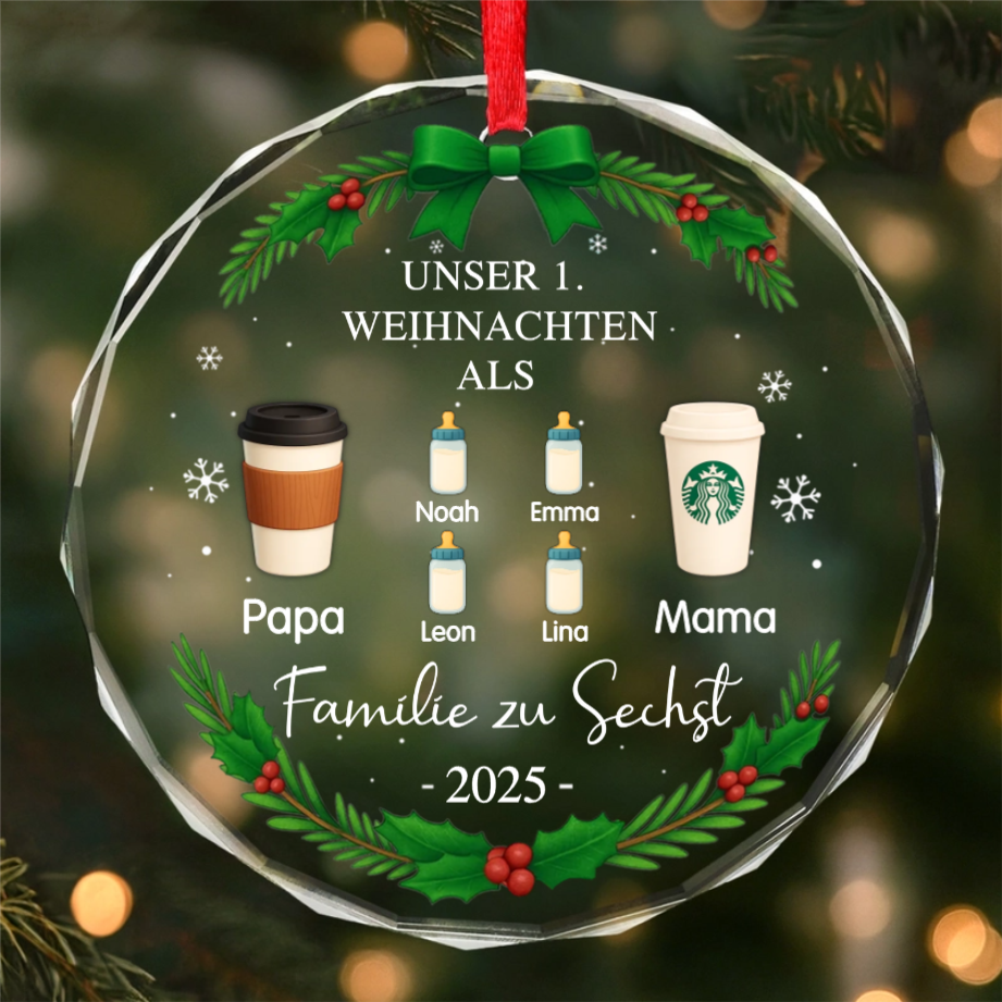 Glas-Ornament mit Getränke und Namen "Erstes Weihnachten als Familie zu..." Personalisierter Christbaumschmuck