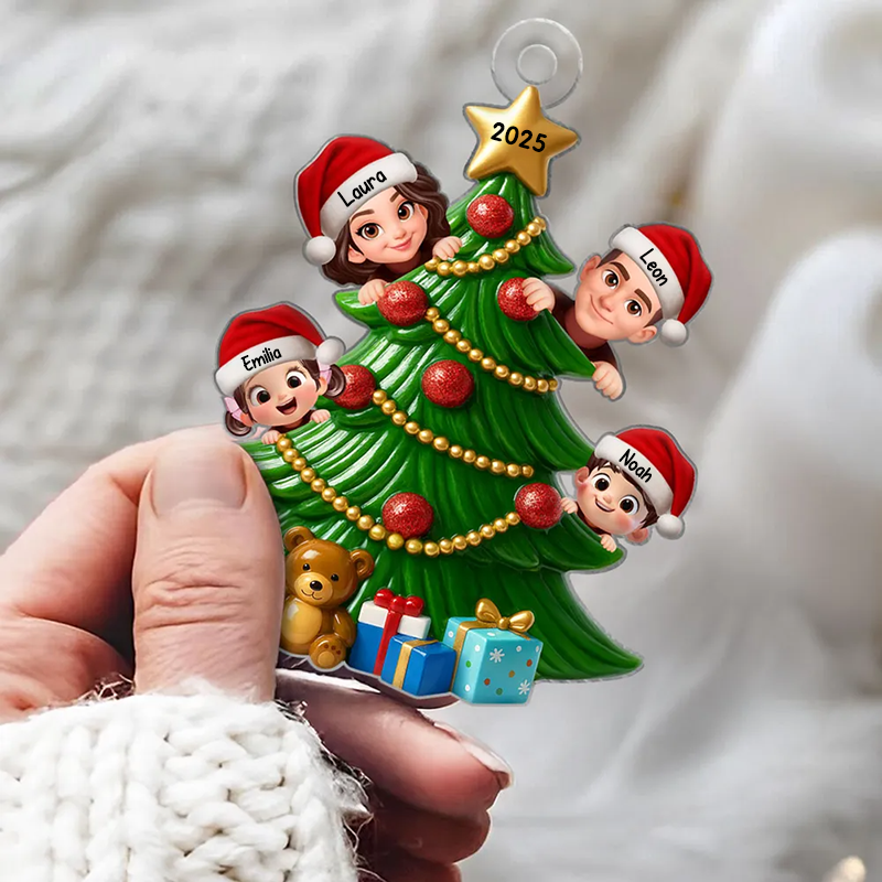 Personalisierter Acrylanhänger mit Eltern und Kinder Christbaumschmuck mit Tannenbaum