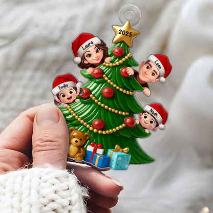 Personalisierter Acrylanhänger mit Eltern und Kinder Christbaumschmuck mit Tannenbaum