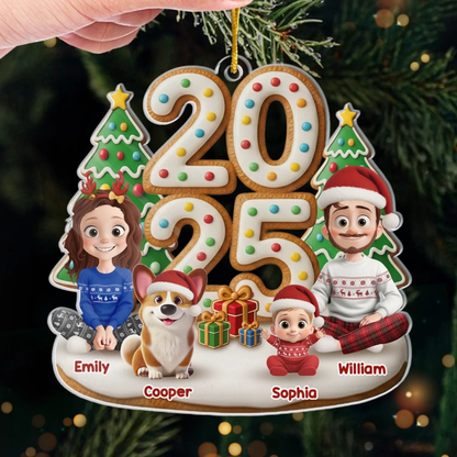 2025 Familie-Eltern mit Kinder, Hund und Katze Acrylornament Christbaumschmuck