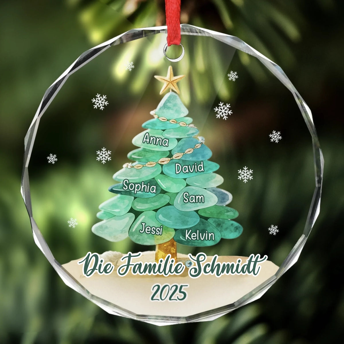 Personalisiertes Glasornament mit Meerglasmotiv Christbaumschmuck mit Tannenbaummotiv