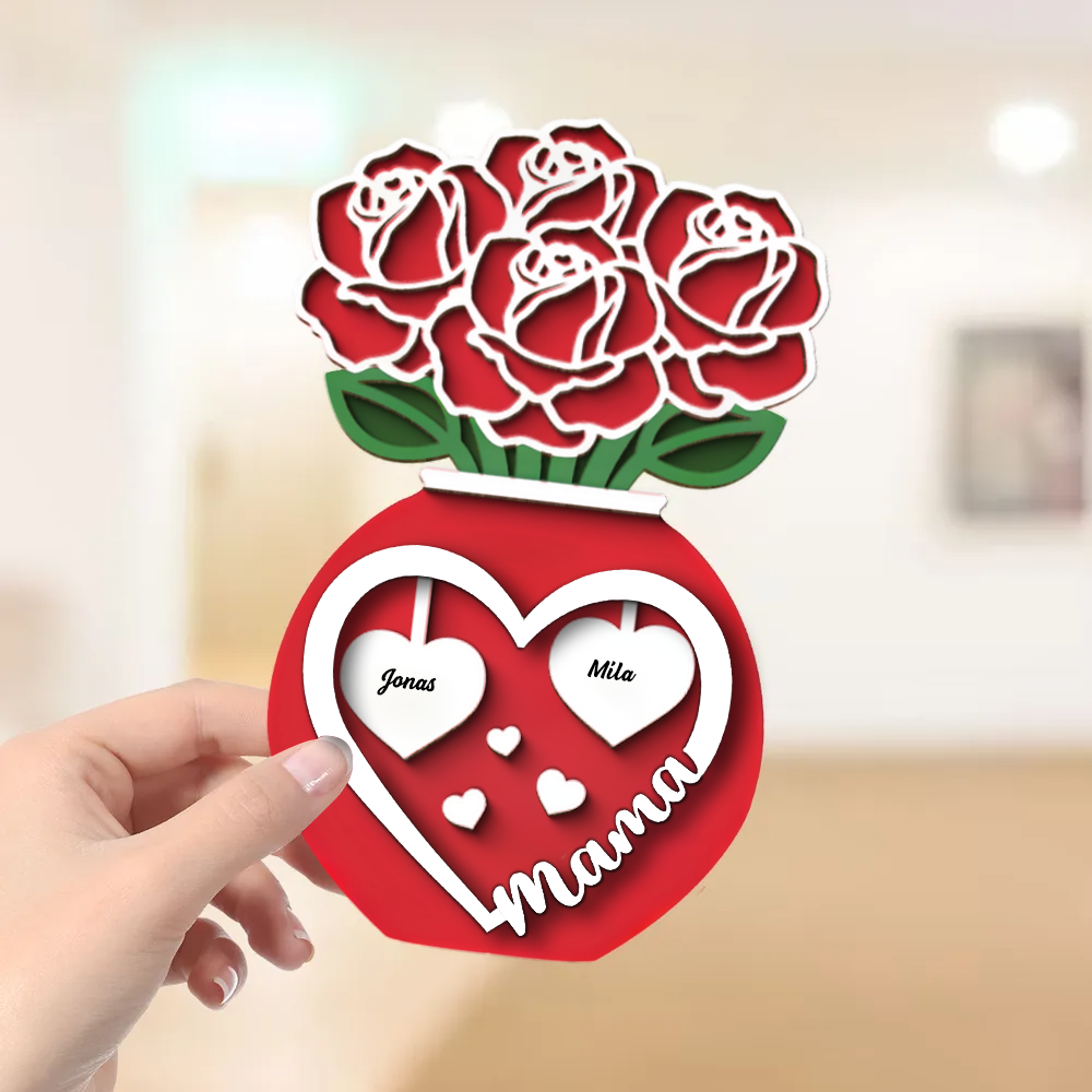 Rosenstrauß in Vase Personalisierte 2-Schicht-Holztafel für Mama und Oma