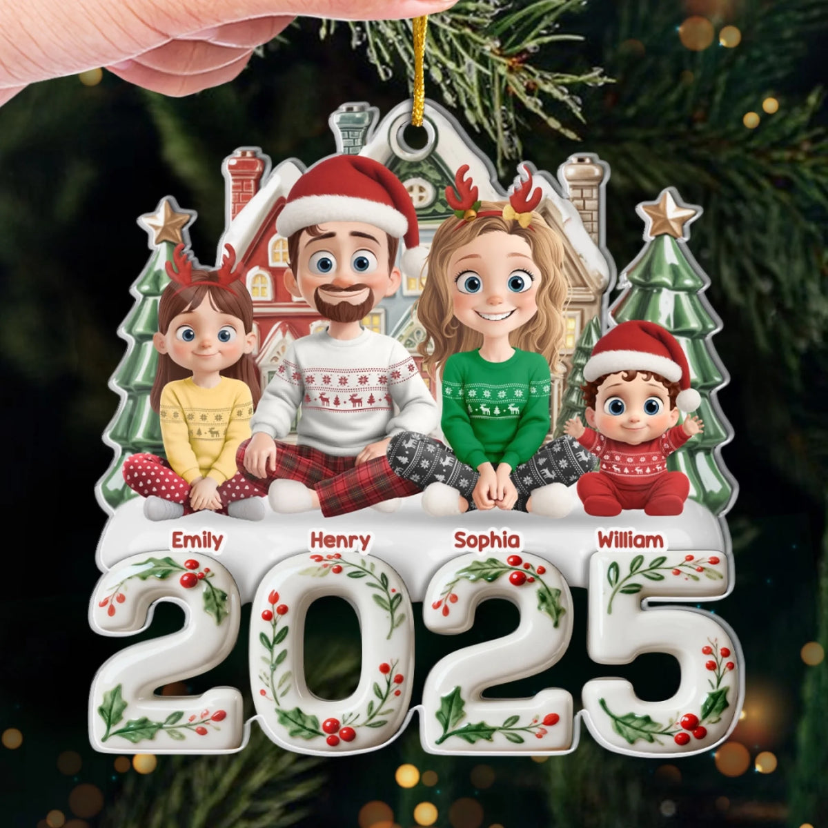 Personalisierter Acrylanhänger 2025 Christbaumschmuck mit Familie, Hund und Katze