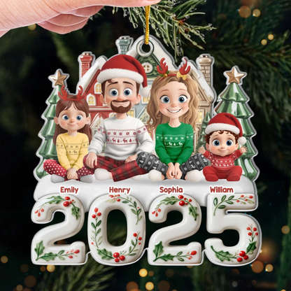 Personalisierter Acrylanhänger 2025 Christbaumschmuck mit Familie, Hund und Katze