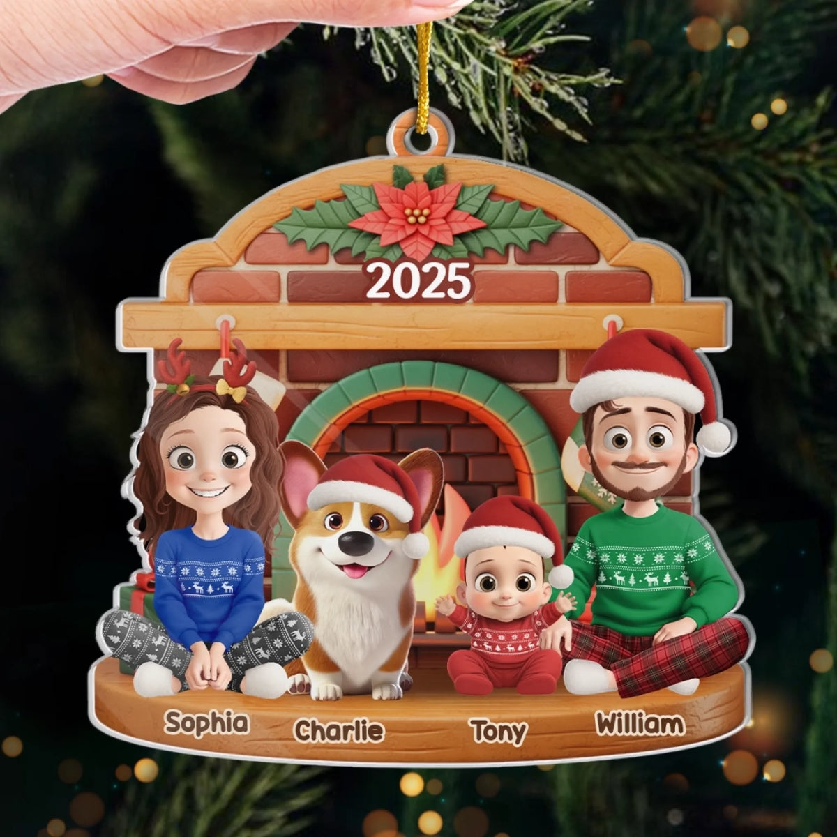 Familie am Kamin - Personalisierter Acrylanhänger mit 2-6 Personen oder Haustiere Christbaumschmuck mit Katze und Hund