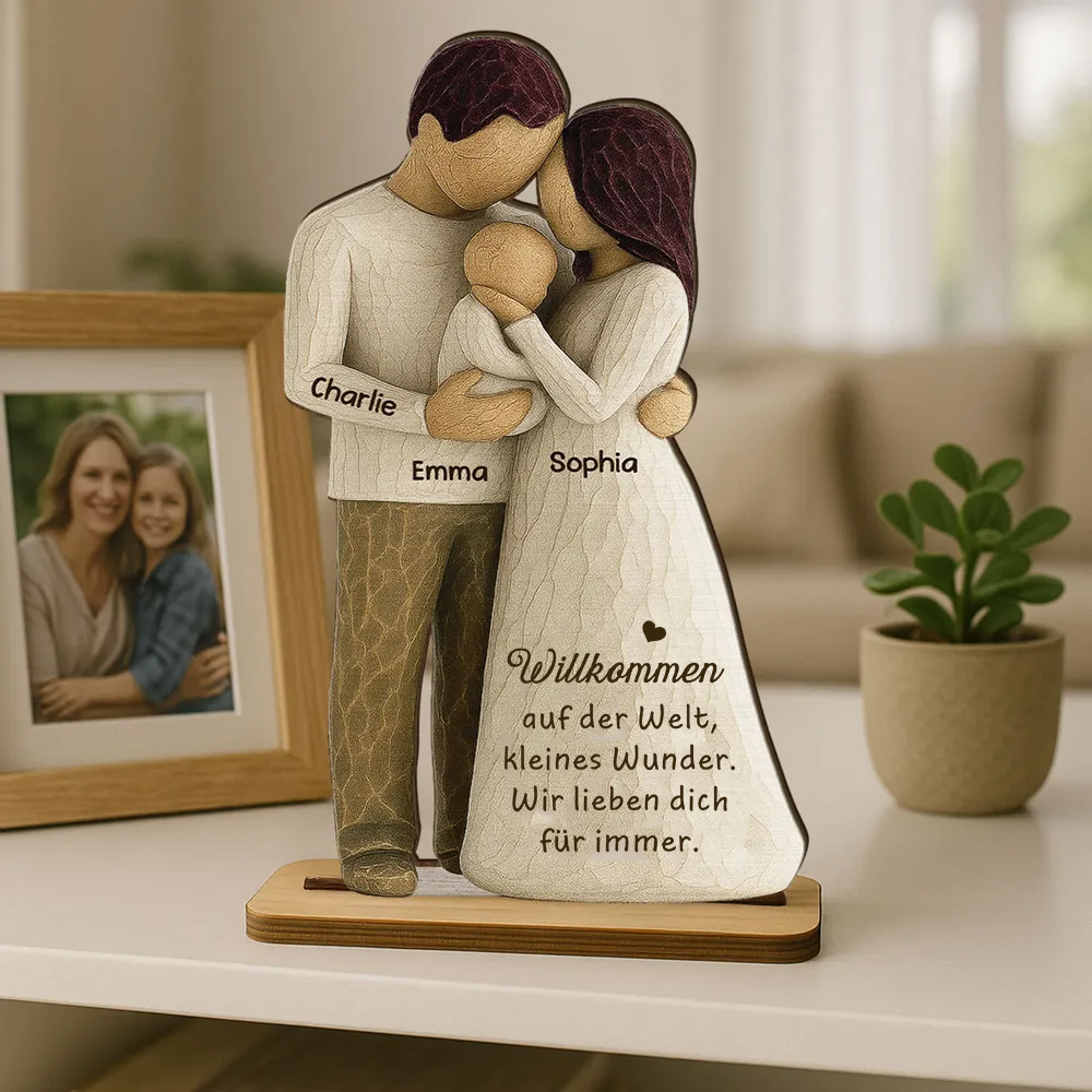 Eltern mit Baby - Personalisierter Holzaufsteller mit Gravur Geschenk für frischgebackene Papa und Mama