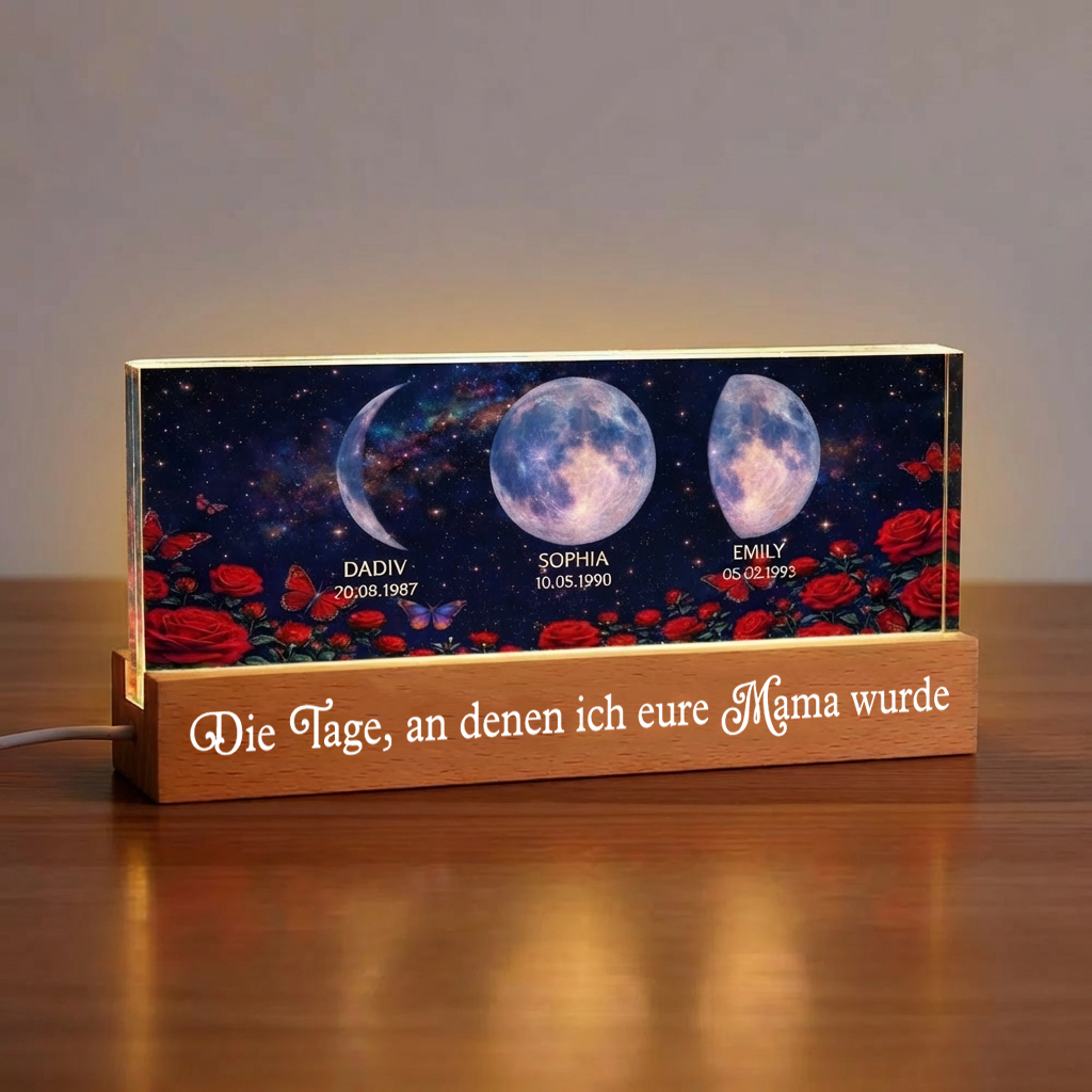 Rosen und Mondphasen- Personalisiertes LED Nachtlicht mit Text und Mondpahsen Geschenk für Mama und Oma