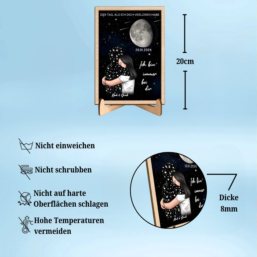 Personalisierter Holzaufsteller mit Mondphase zum liebevollen Gedenken Trauergeschenk
