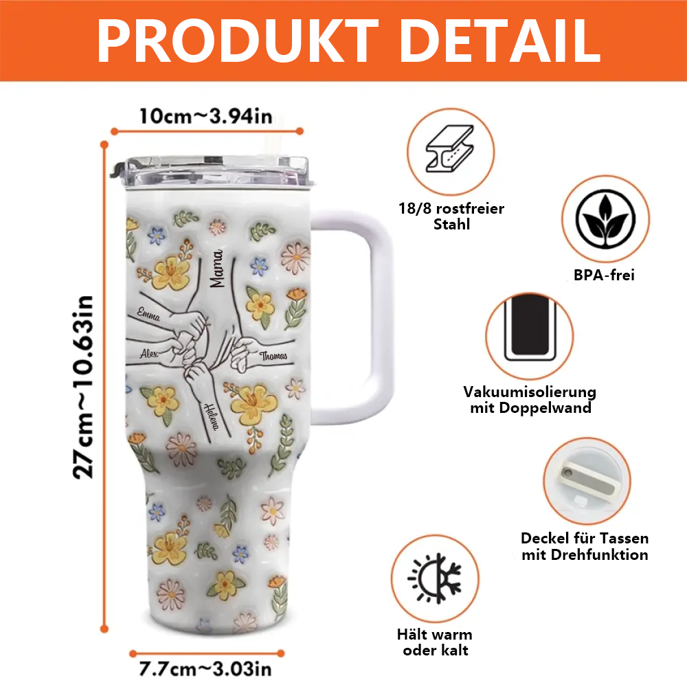 Hand in Hand – Personalisierter 40oz-Thermobecher mit Strohhalm, Geschenk für Mama, Oma – Becher mit 3D-Aufbläh-Effekt