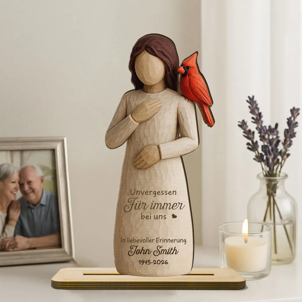 Frau und Rotkardinal-Personalisierter Holzaufsteller Trauergeschenk