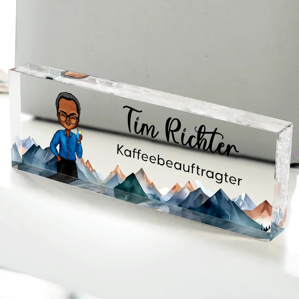 Personalisierter Acrylblock mit Figur, Namensschild für den Schreibtisch Büro-Geschenk für Kolleginnen & Kollegen