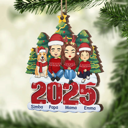 2025 Familie- Personalisierter Holzanhänger Christbaumschmuck mit Eltern, Kinder, Hund und Katze