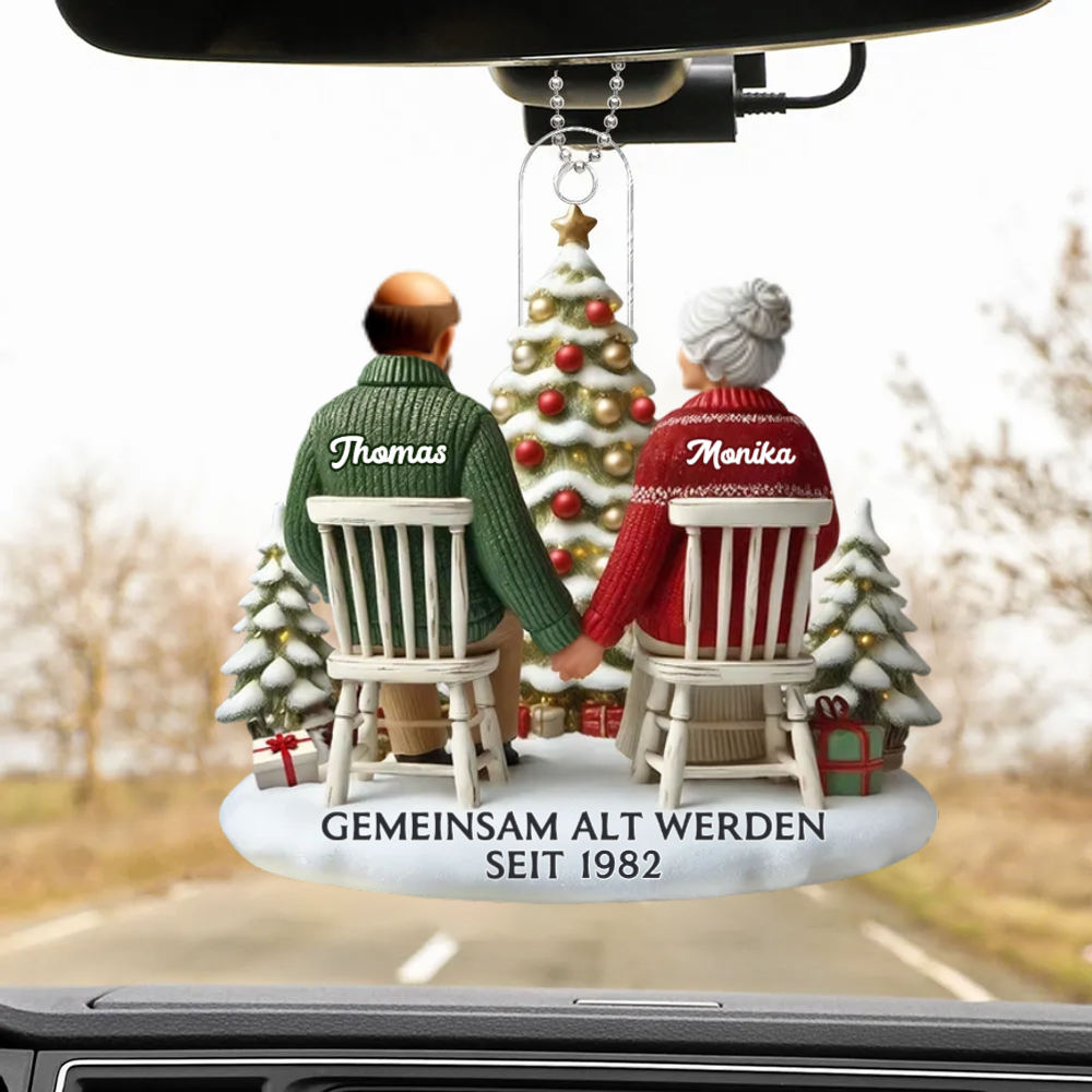 Flacher Acryl-Christbaumanhänger – „Altes Ehepaar“ mit Namen personalisiert