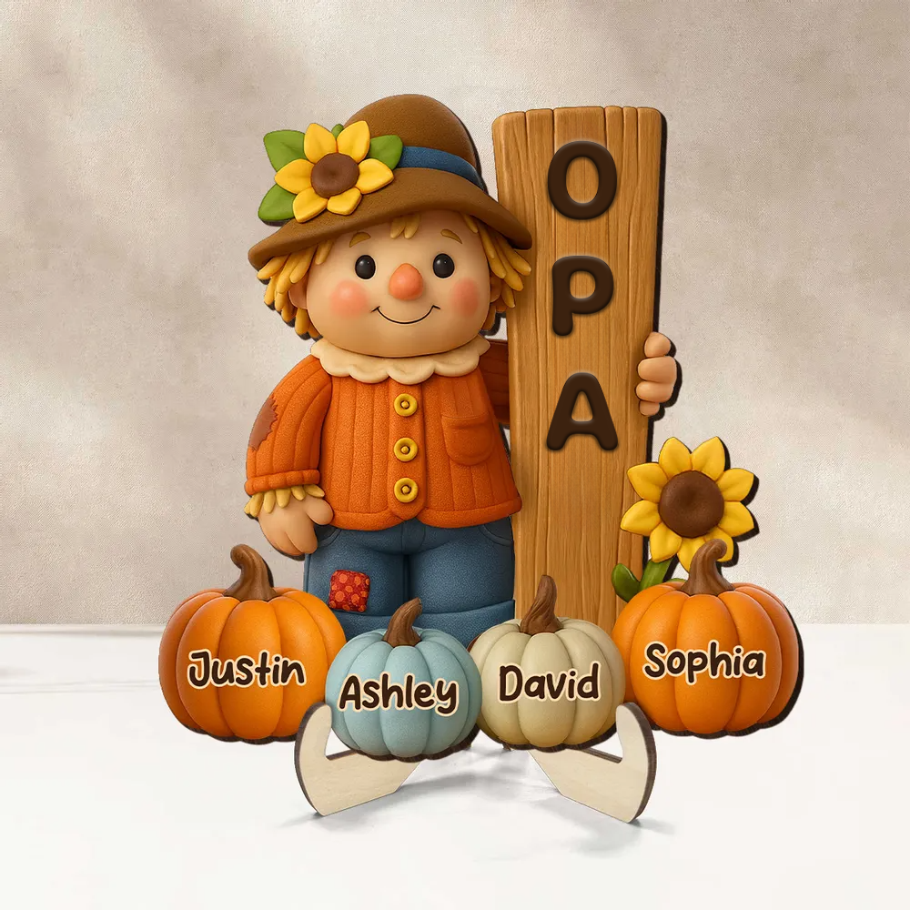 Niedliche Vogelscheuche und Kürbisse - Holztafel mit Namen - Geschenk für Oma
