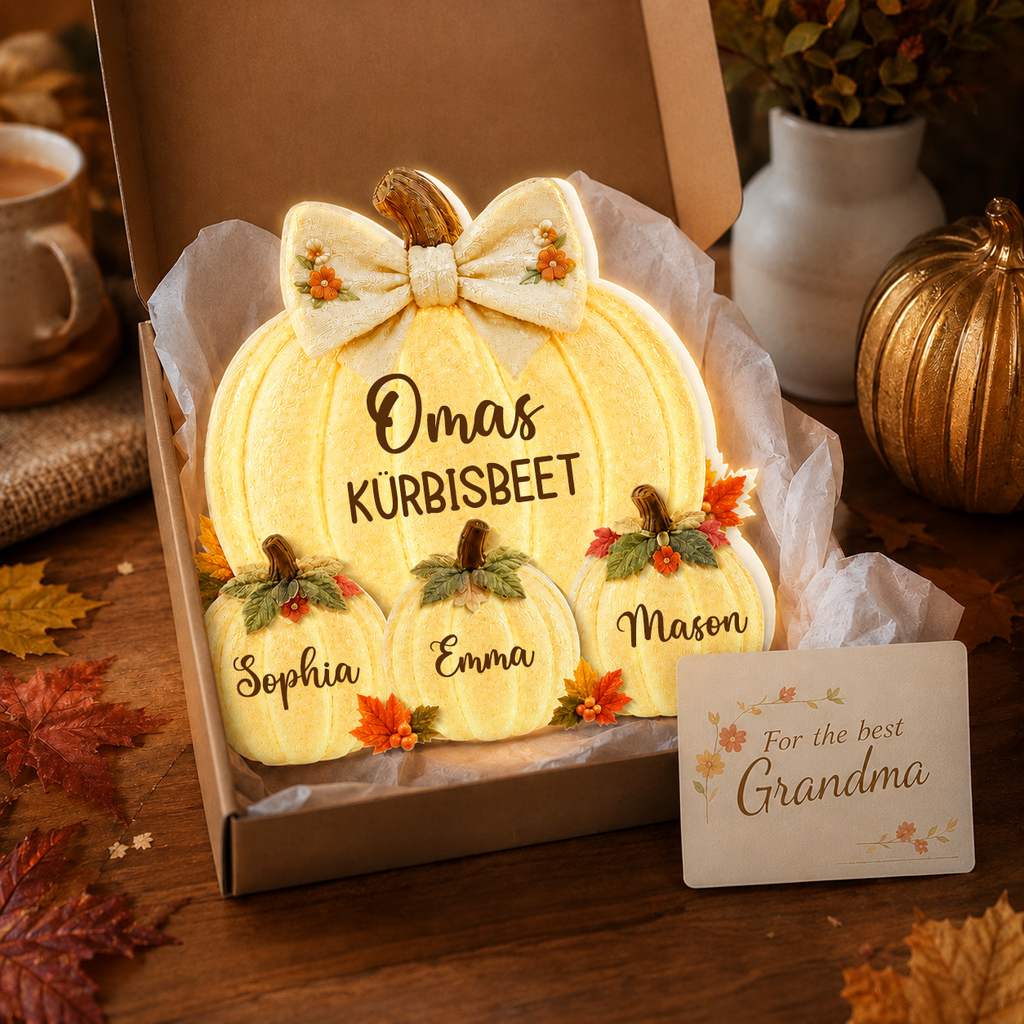 Personalisierte LED-Lichtbox mit Namen – Omas Kürbisbeet