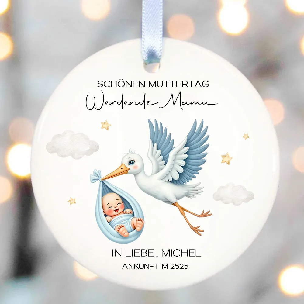 Süßer Storch & Baby – Geschenk für werdende Mamas, personalisierter Keramik-Anhänger