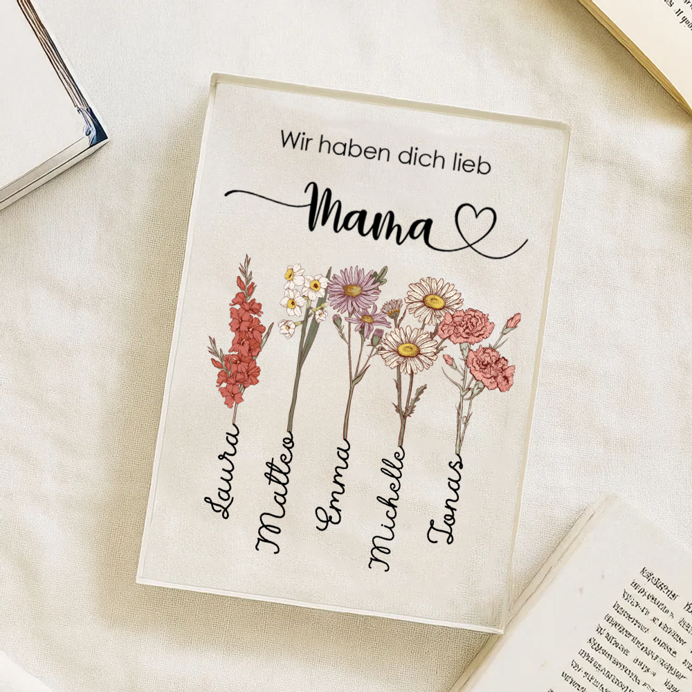 Personalisierter Acrylblock mit Geburtsblumen, Namen und Text Geschenk für Oma und Mama