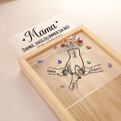 Personalisierte Holzrahmen-Lichtbox mit Hand-in-Hand und Geburtsblumen Geschenk für Mama und Papa