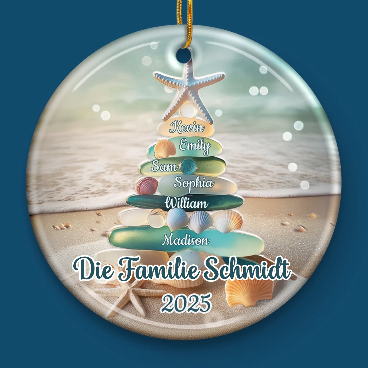 Personalisiertes Keramikornament mit Meerglas Christbaumschmuk mit Namen