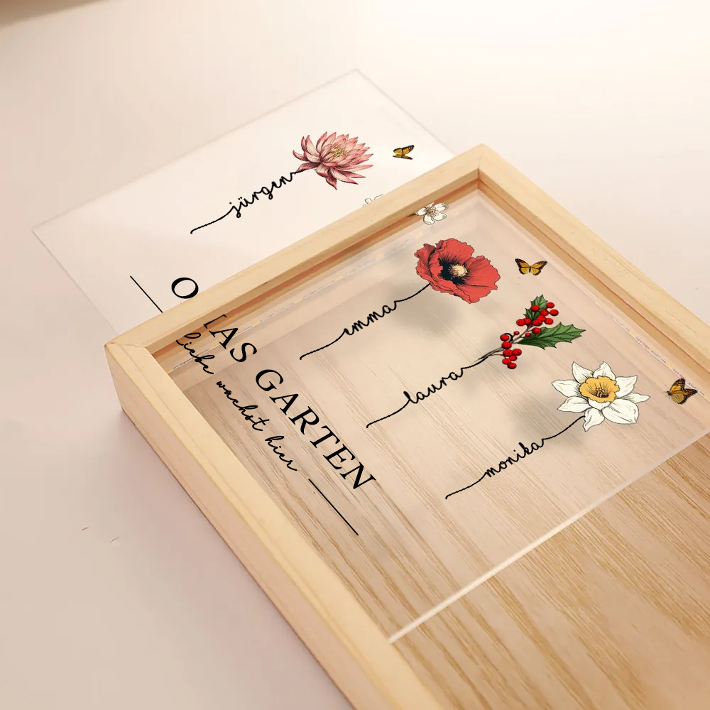 Omas Garten-Personalisierte Holzrahmen-Lichtbox mit Geburtsblumen und Text für Oma und Mama