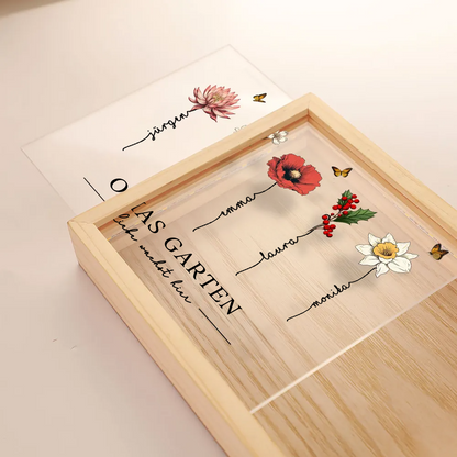 Omas Garten-Personalisierte Holzrahmen-Lichtbox mit Geburtsblumen und Text für Oma und Mama