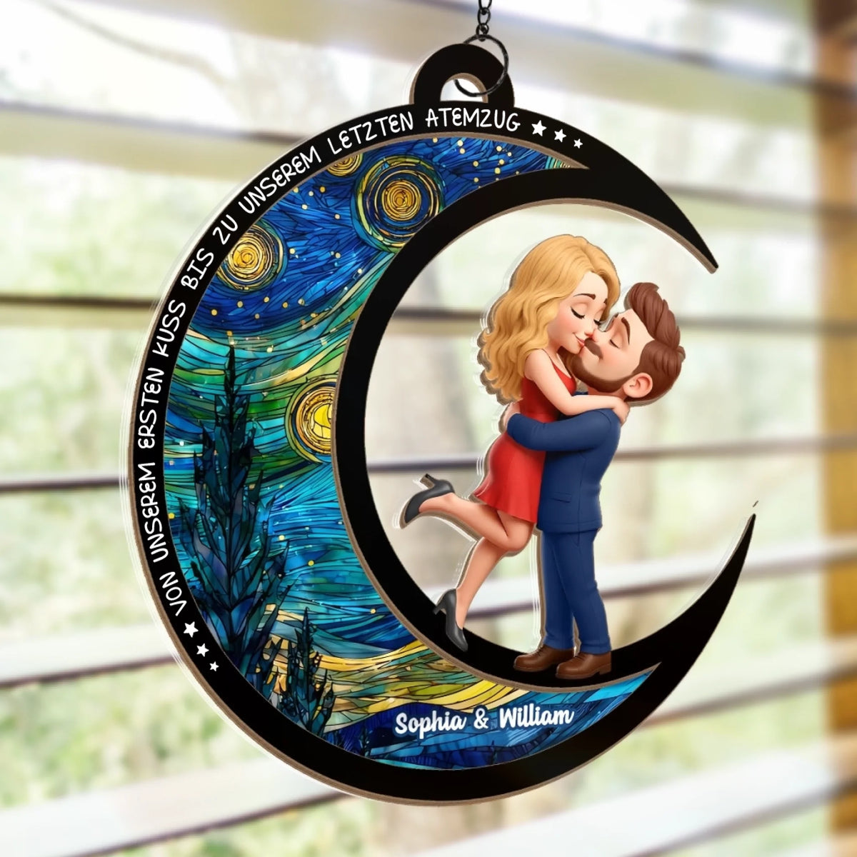 Personalisierter Sonnenfänger mit Mondmotiv Paar auf dem Mond