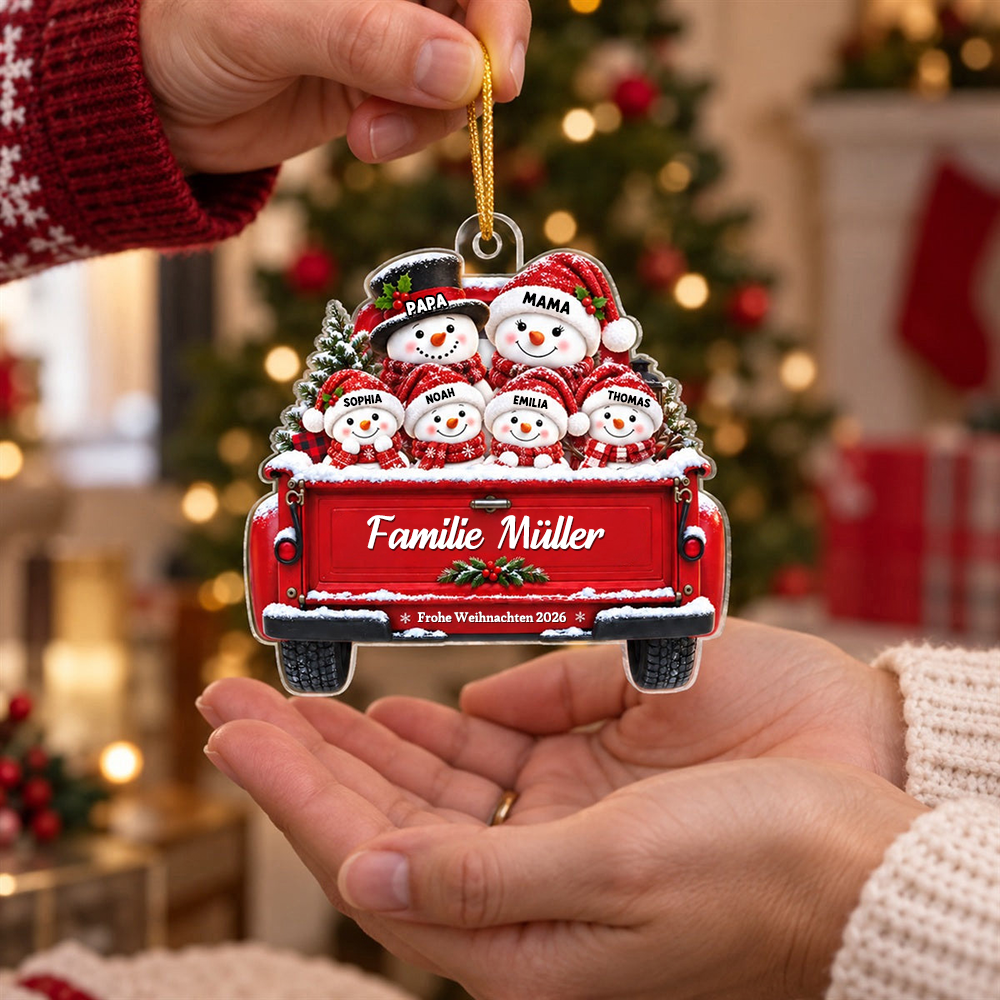 Personalisierter Acryl-Weihnachtsanhänger – Schneemannfamilie mit Namen