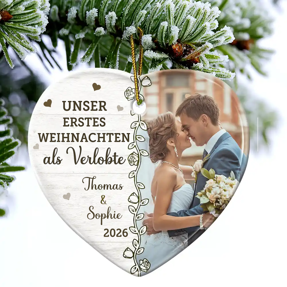Personalisierter Keramik-Weihnachtsanhänger mit Foto - Erstes Weihnachten als Verlobte
