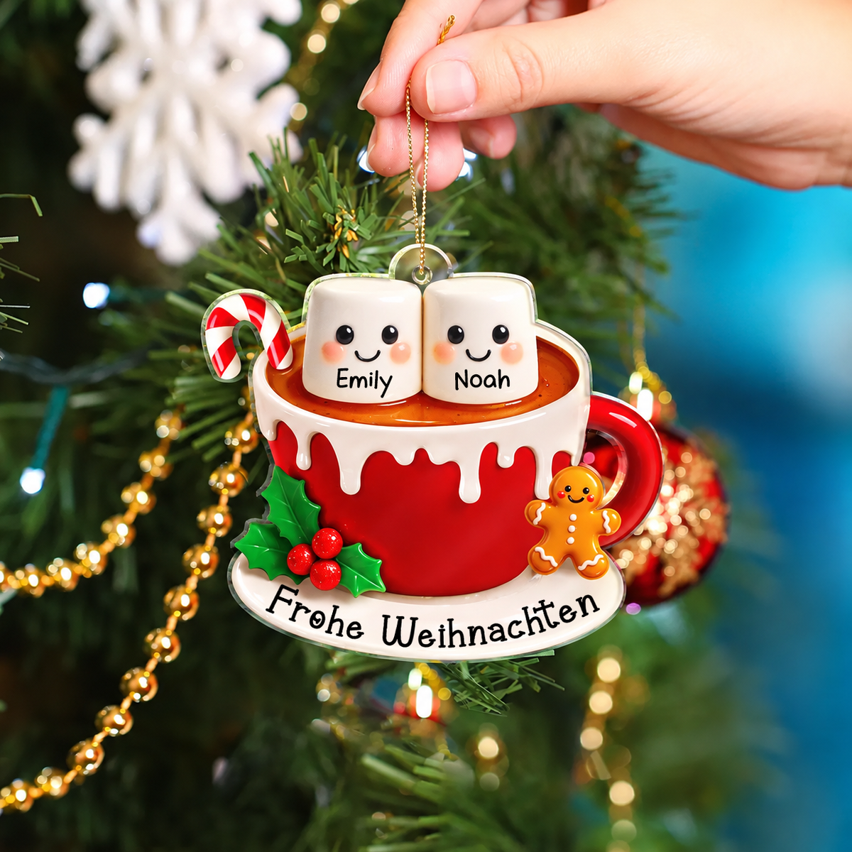 Personalisierter Acryl-Weihnachtsanhänger mit Namen & Text – Marshmallow-Motiv für die Familie