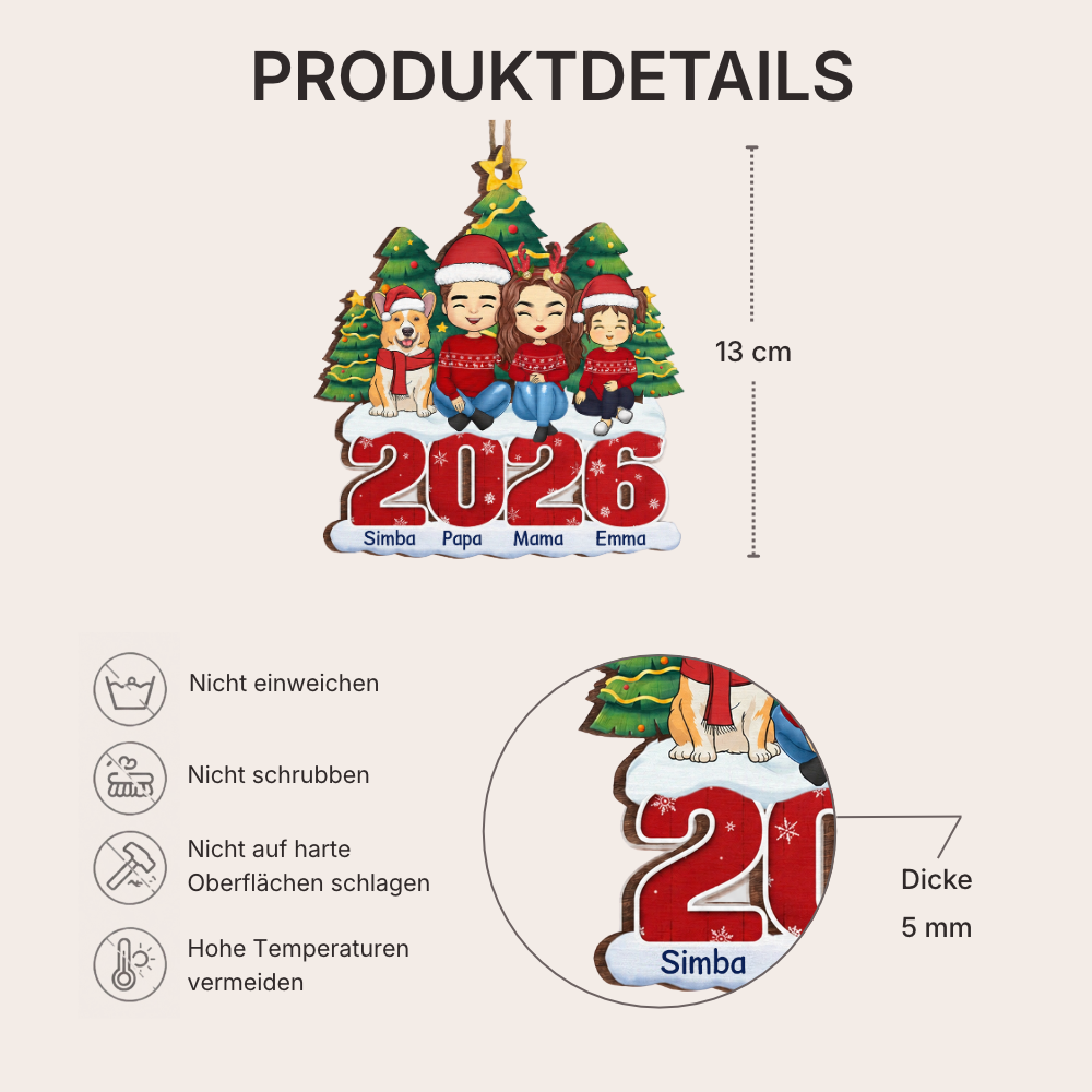 2025 Familie- Personalisierter Holzanhänger Christbaumschmuck mit Eltern, Kinder, Hund und Katze