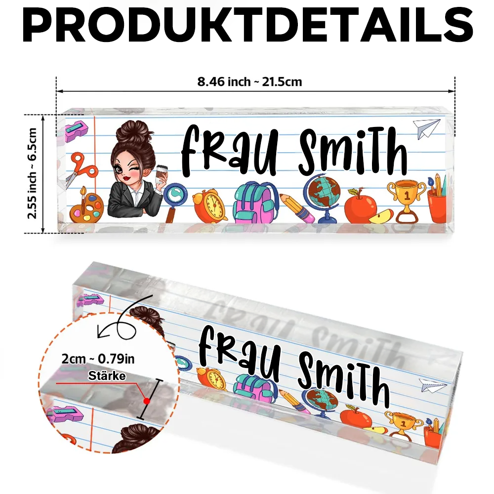 Personalisierte Acryl-Namensplatte – Für Lehrerinnen mit Schulmotiv