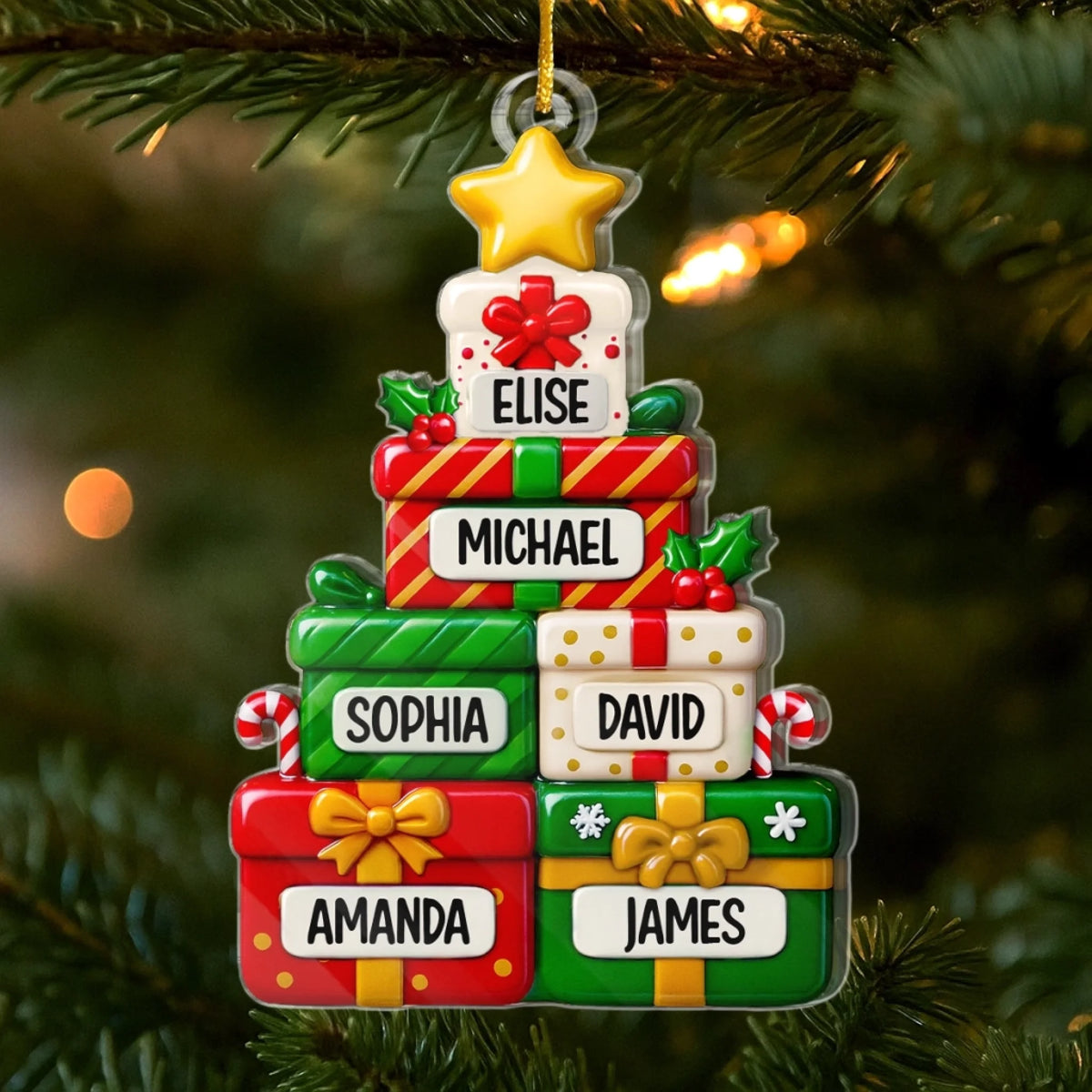 Acrylornament mit Geschenken Personalisierter Christbaumchmuck mit Namen