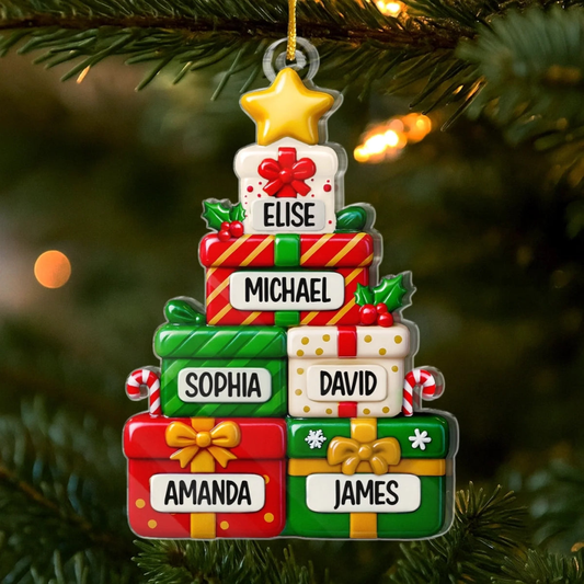 Acrylornament mit Geschenken Personalisierter Christbaumchmuck mit Namen