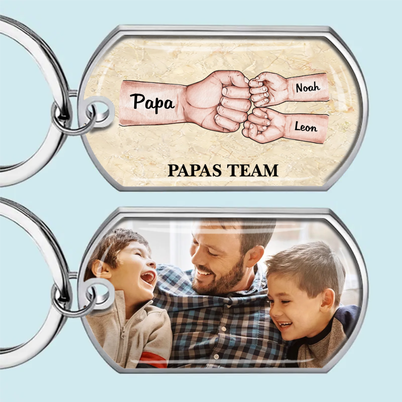 Fausstoß Foto-Edelstahl-Schlüsselanhänger mit Expoxidharz Geschenk für Papa