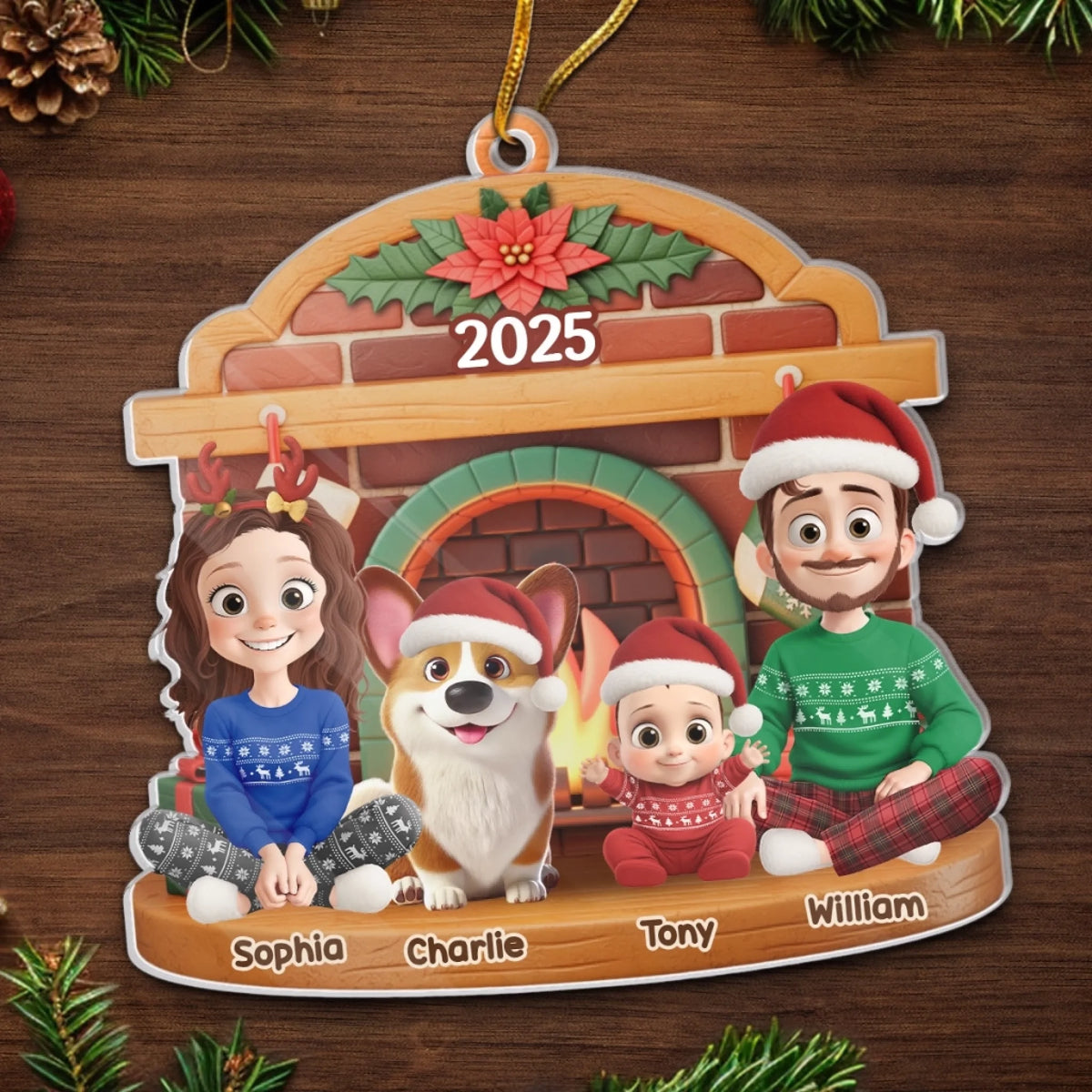 Familie am Kamin - Personalisierter Acrylanhänger mit 2-6 Personen oder Haustiere Christbaumschmuck mit Katze und Hund