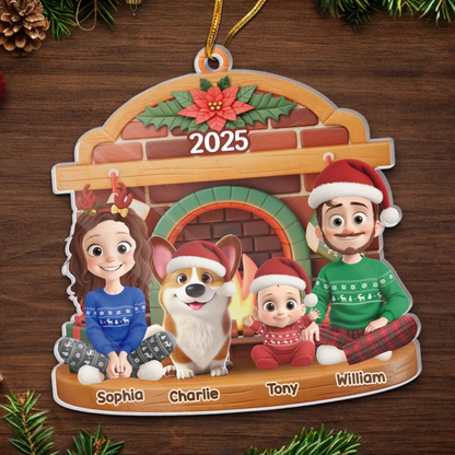 Familie am Kamin - Personalisierter Acrylanhänger mit 2-6 Personen oder Haustiere Christbaumschmuck mit Katze und Hund
