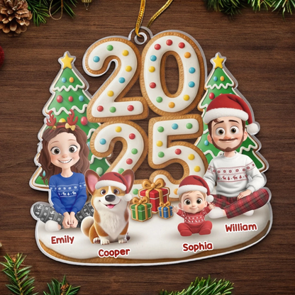 2025 Familie-Eltern mit Kinder, Hund und Katze Acrylornament Christbaumschmuck