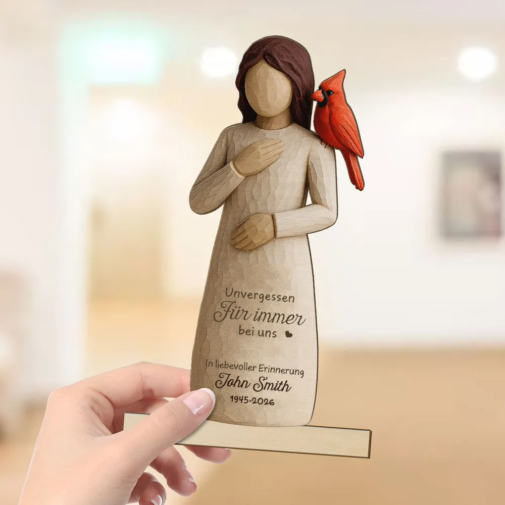 Frau und Rotkardinal-Personalisierter Holzaufsteller Trauergeschenk