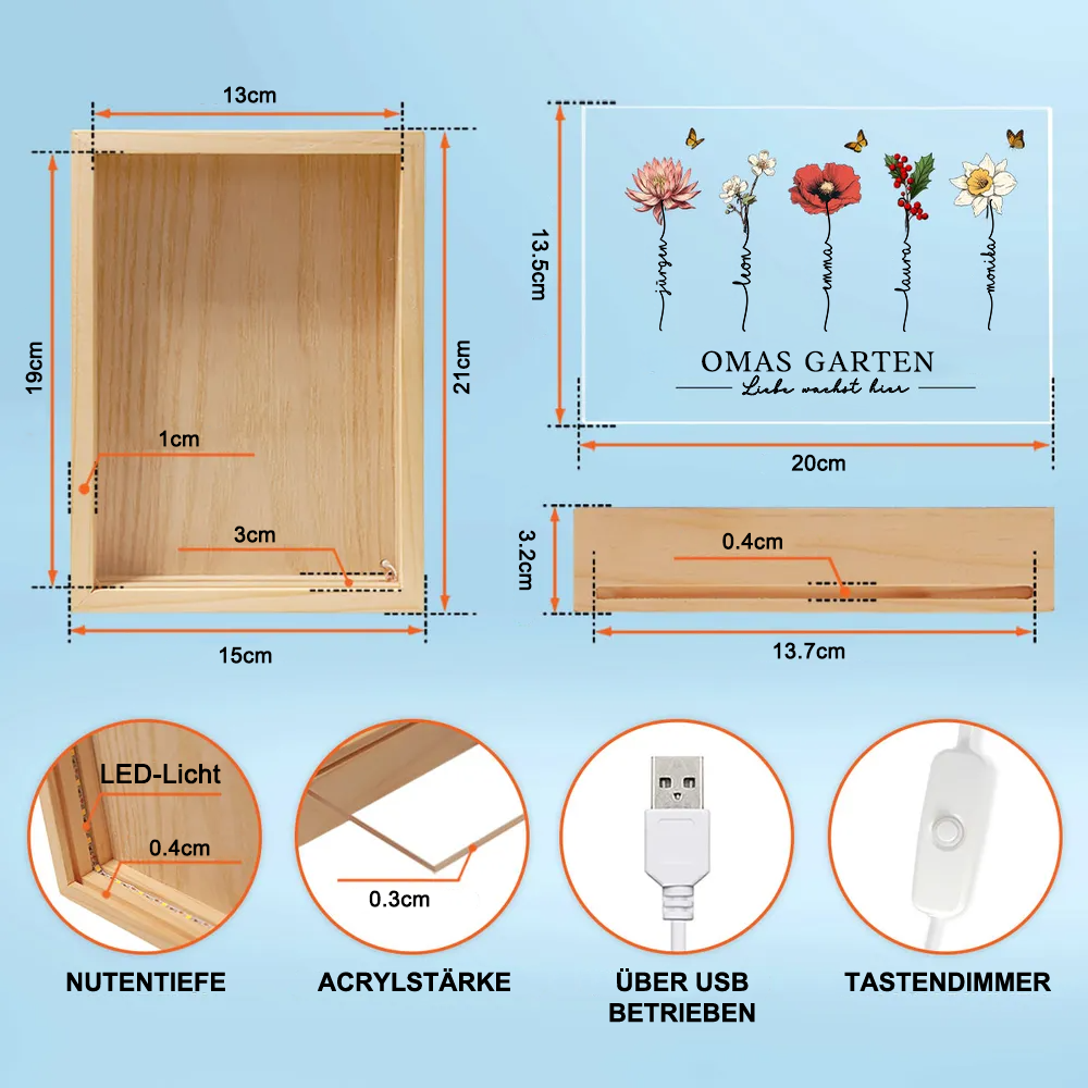 Omas Garten-Personalisierte Holzrahmen-Lichtbox mit Geburtsblumen und Text für Oma und Mama