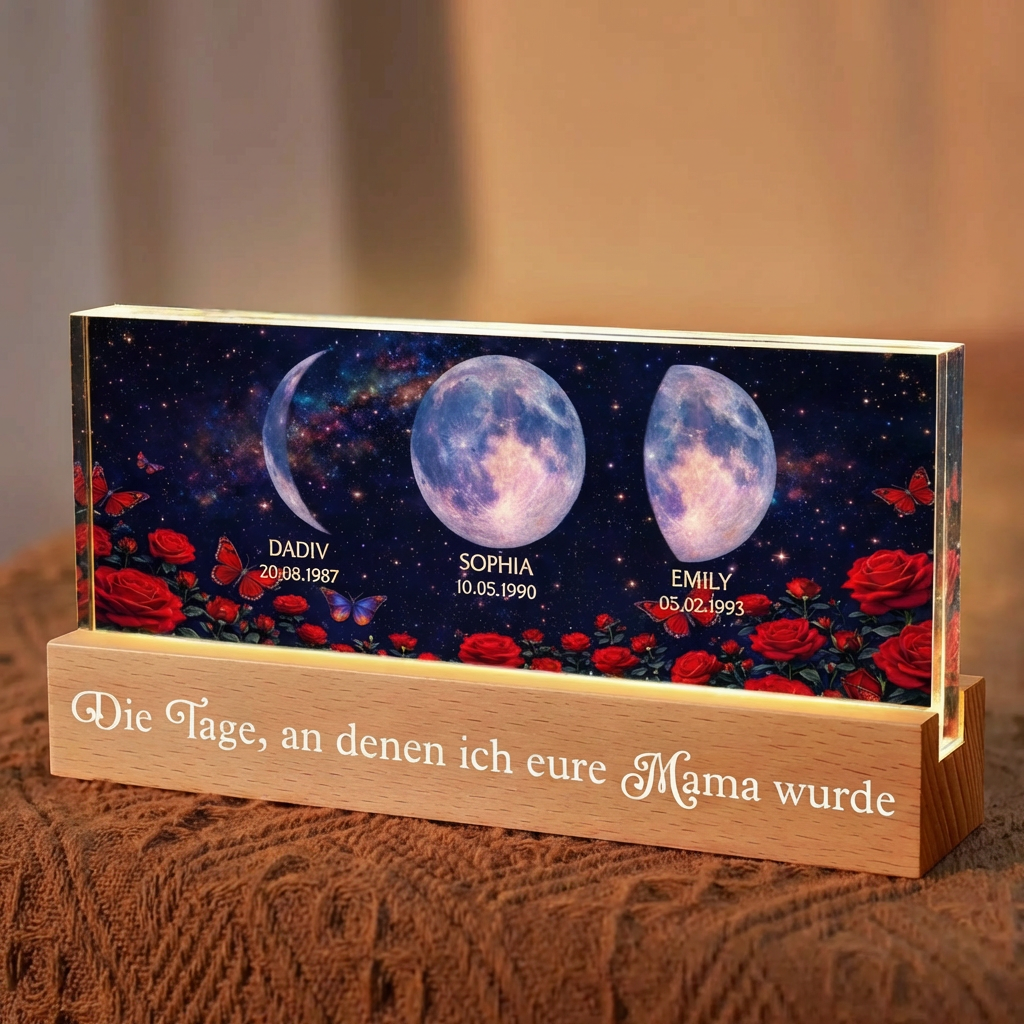 Rosen und Mondphasen- Personalisiertes LED Nachtlicht mit Text und Mondpahsen Geschenk für Mama und Oma