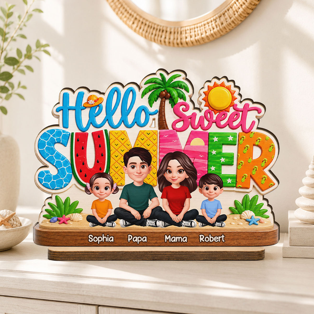 Hello Summer-Personalisierter Holzaufsteller mit Familien im Sommermotiv