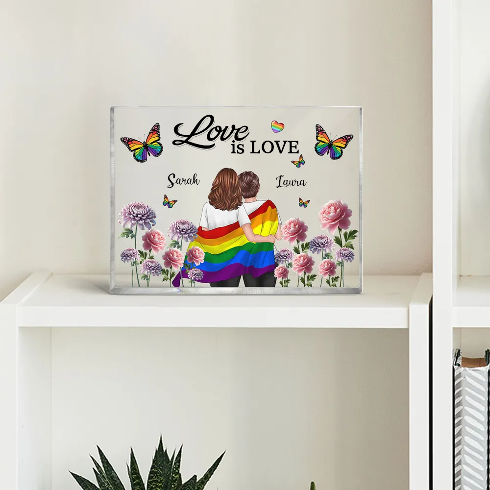 Personalisierte Acryltafel mit Regenbogenmotiv und 2 Figuren bedruckt Geschenk für LGBT Paare
