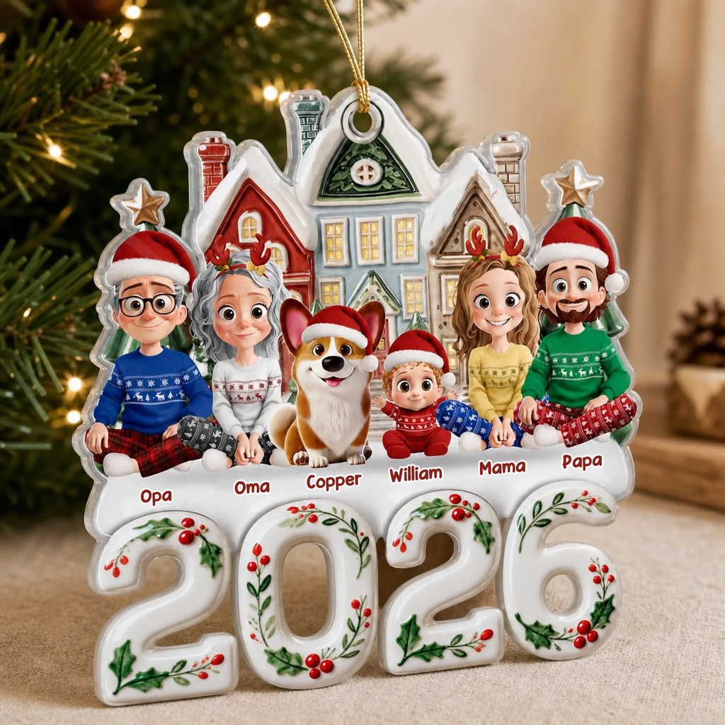 Personalisierter Acrylanhänger 2025 Christbaumschmuck mit Familie, Hund und Katze