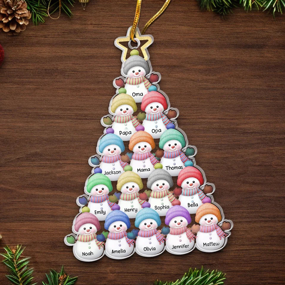 Schneemännchen Acrylornament Personalisierter Christbaumschmuck mit 1-15 Namen